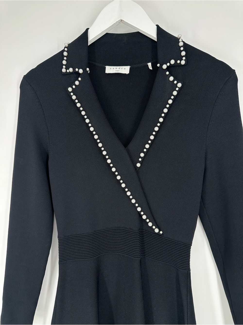 Sandro Paris Pearl Lapel Long Sleeve Fit & Flare Sweater Mini Dress - Black - Picture 8 of 16